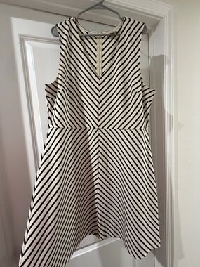 LOFT Black and White Striped Sleeveless Fit-and-Flare Dress